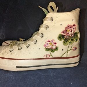 Embroidered canvas hi top sneakers crystal embellished metallic details